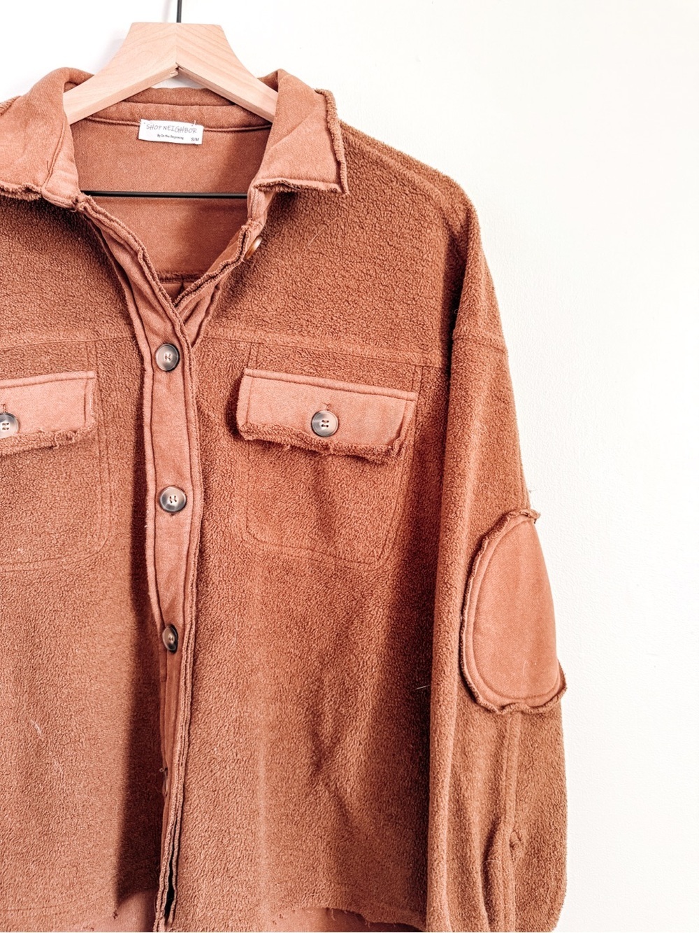 Shop Neighbor Button Front Shacket Brown Oversized Textured Jacket S/M - Picture 3 of 6